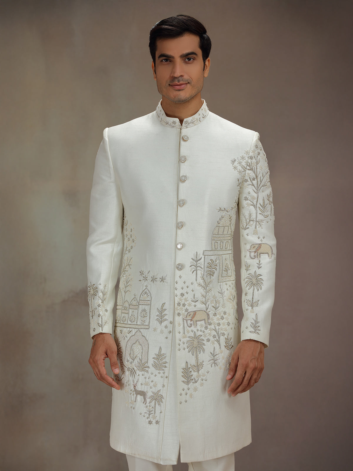 White silk elephant artwork indo western