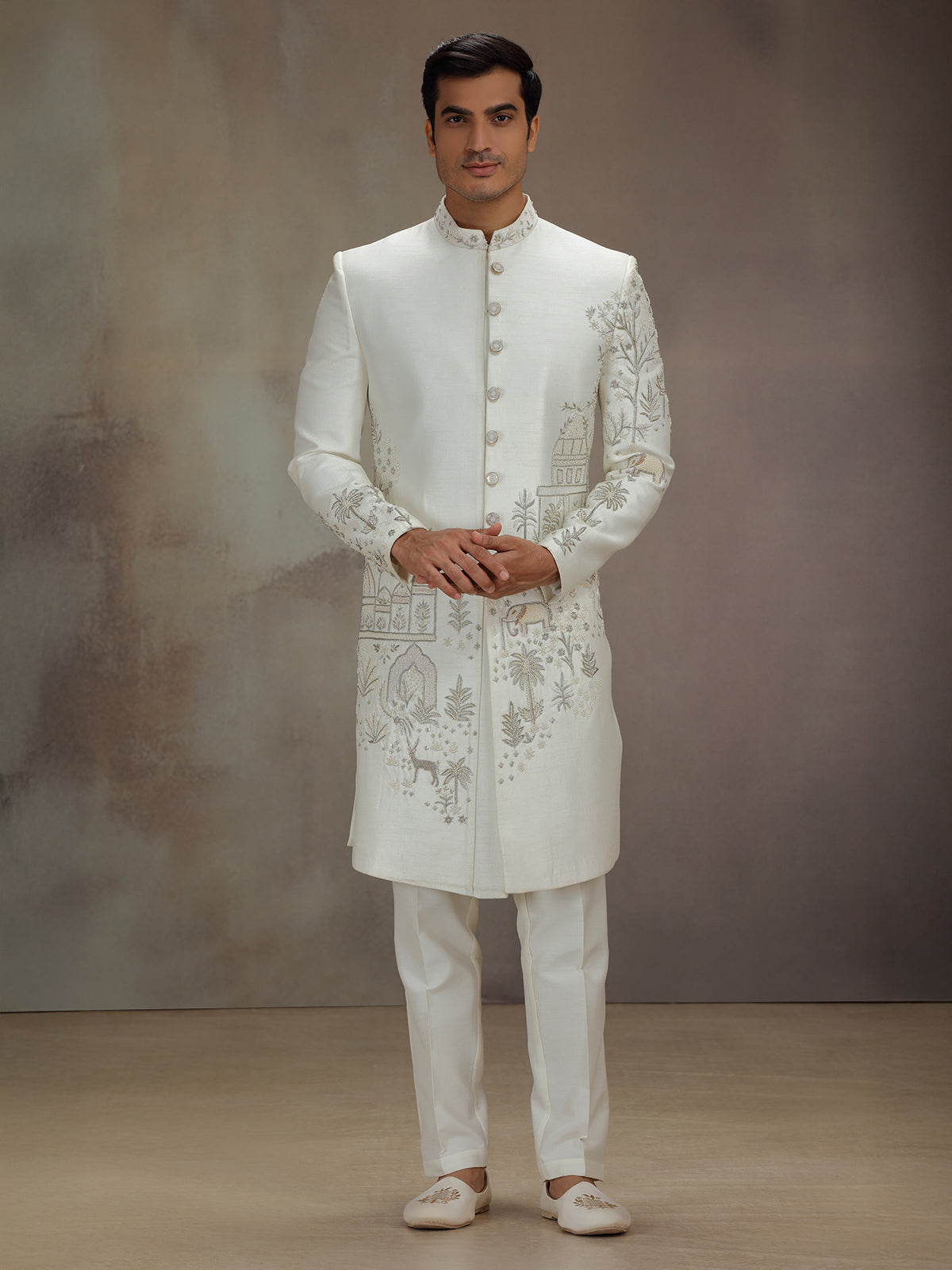 White silk elephant artwork indo western