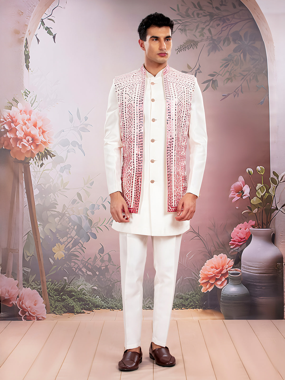 White silk indowestern set with mirror work