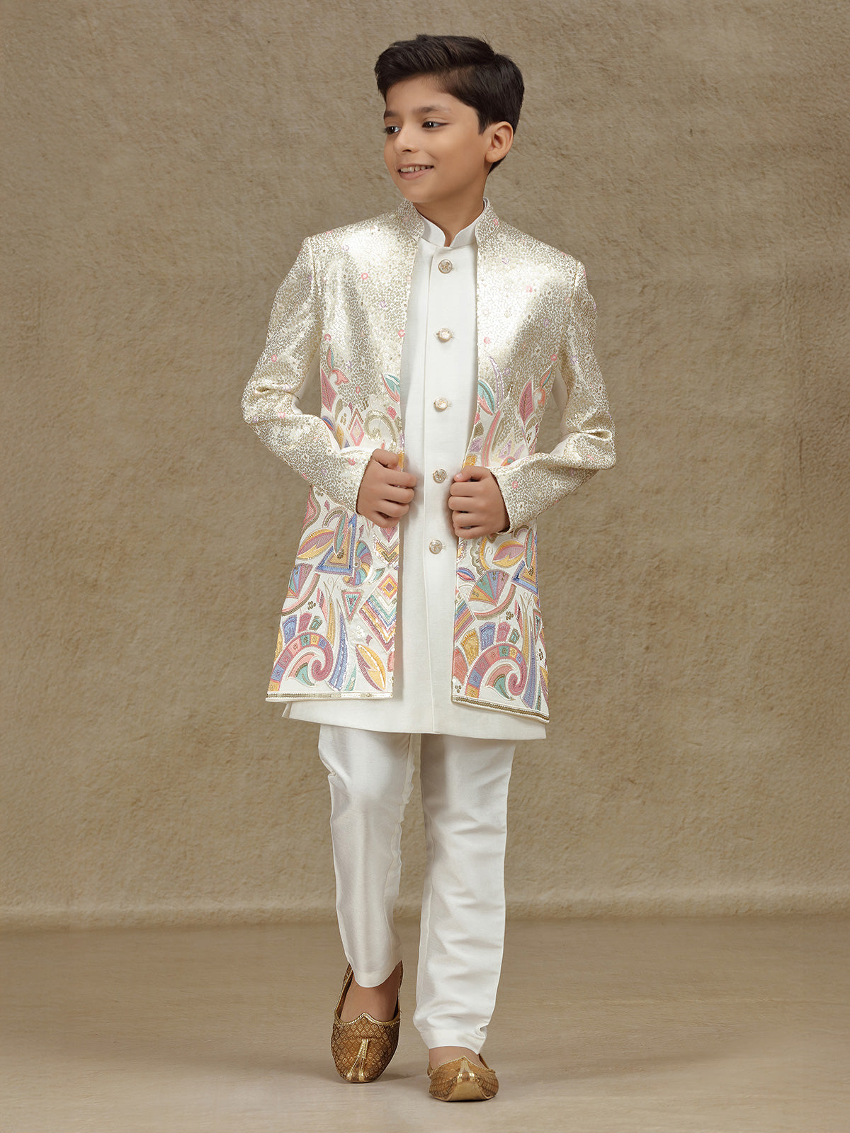 White silk indowestern with sequins work