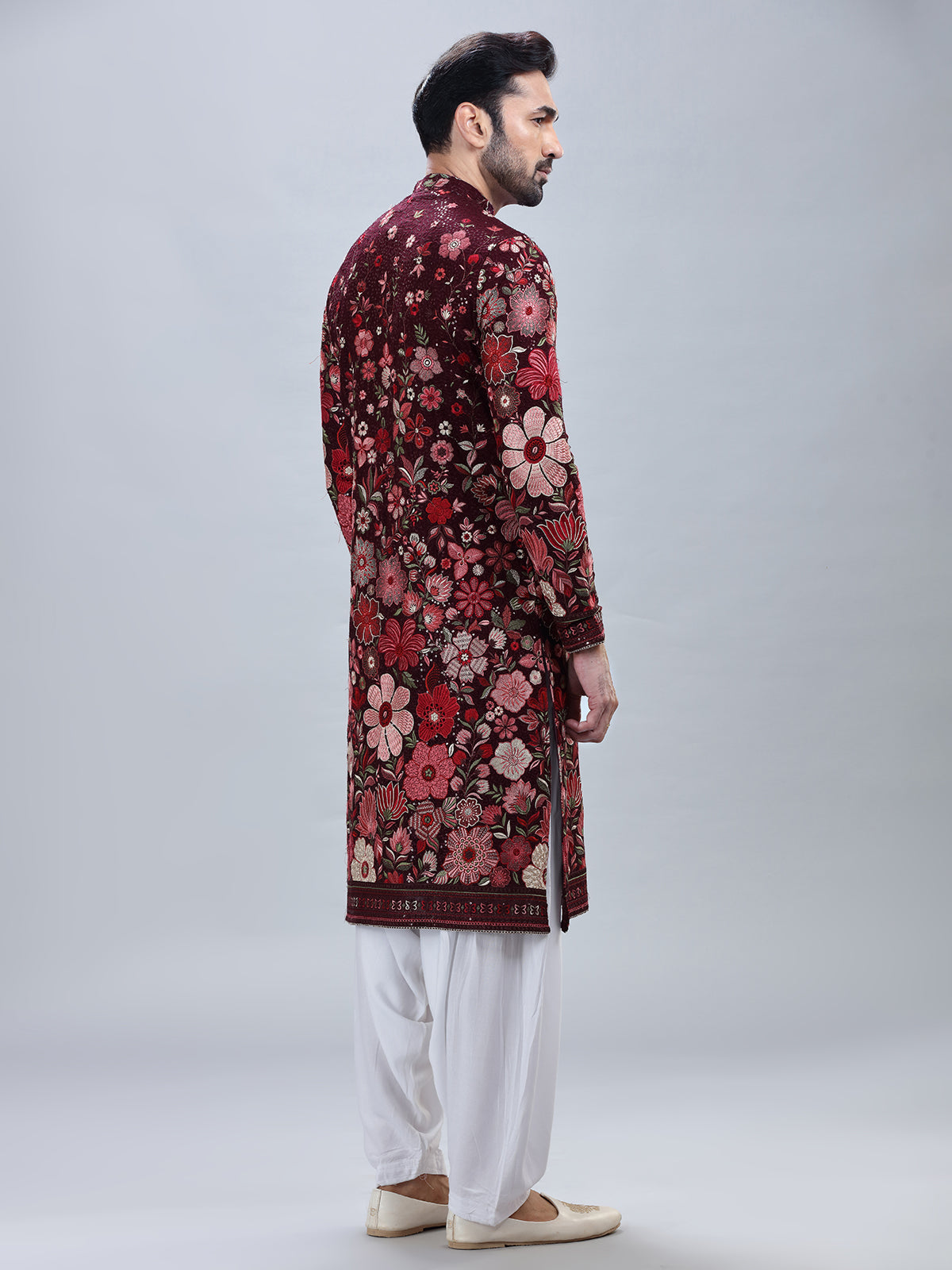 Wine georgette kurta set with multicolor embroidery