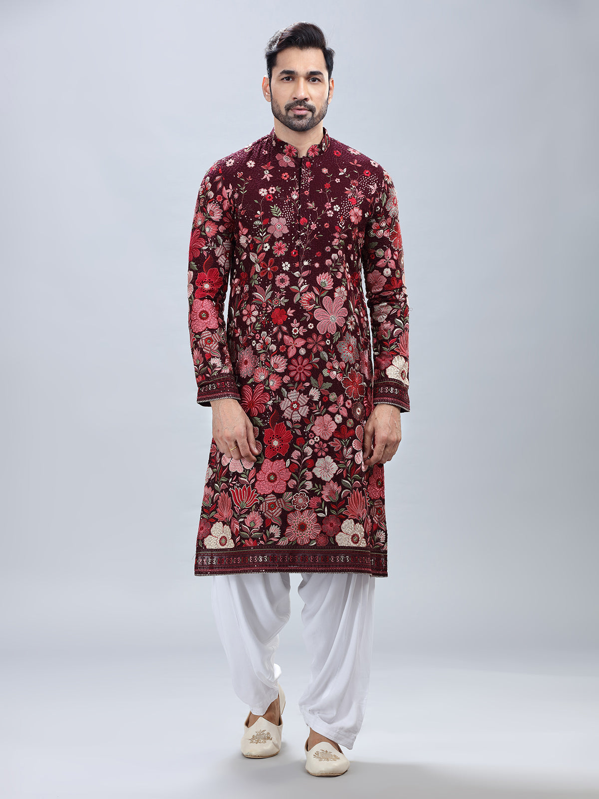 Wine georgette kurta set with multicolor embroidery