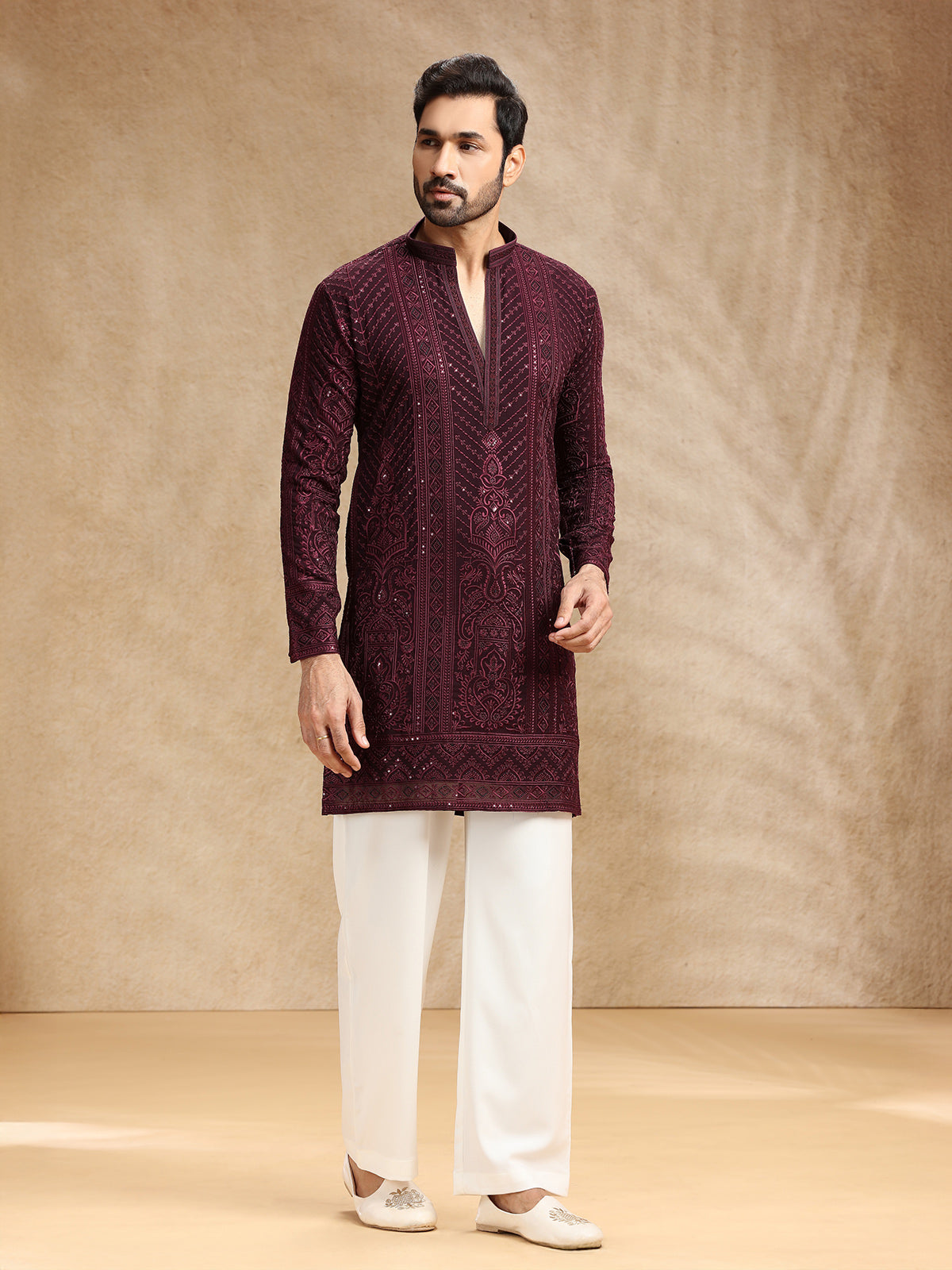 Wine georgette kurta suit with embroidery