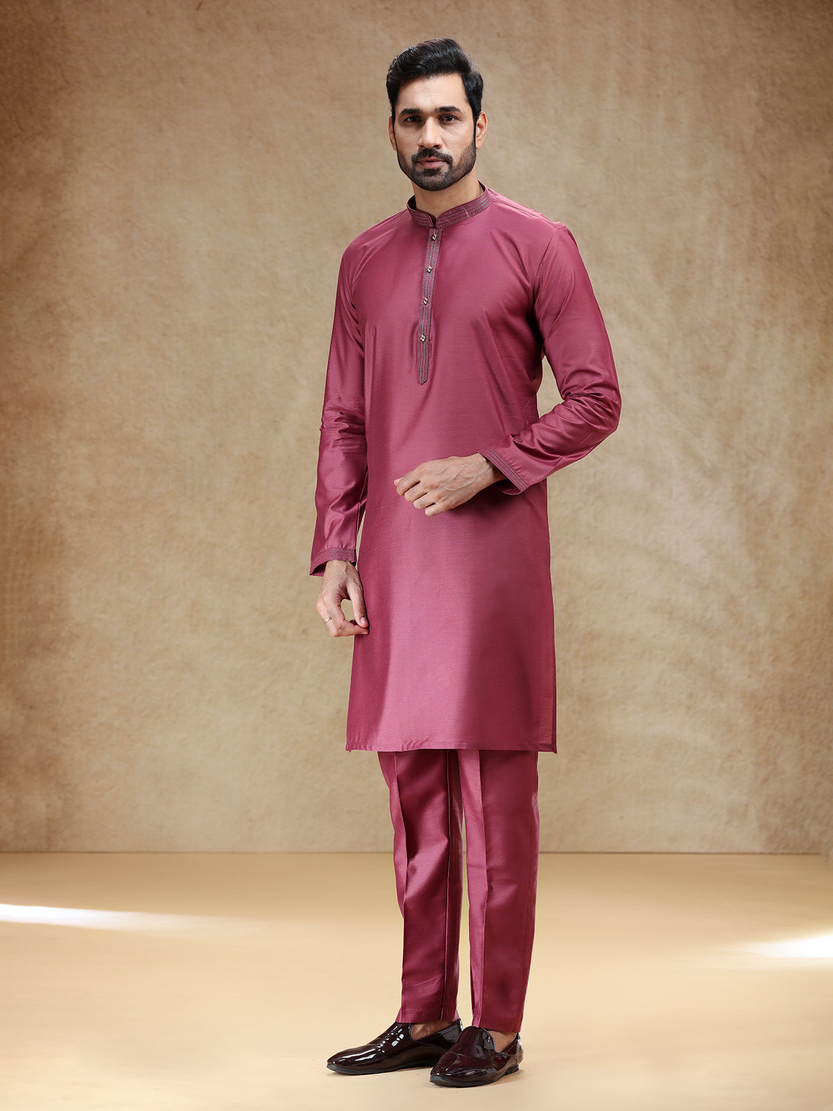 Wine men cotton silk kurta pajama