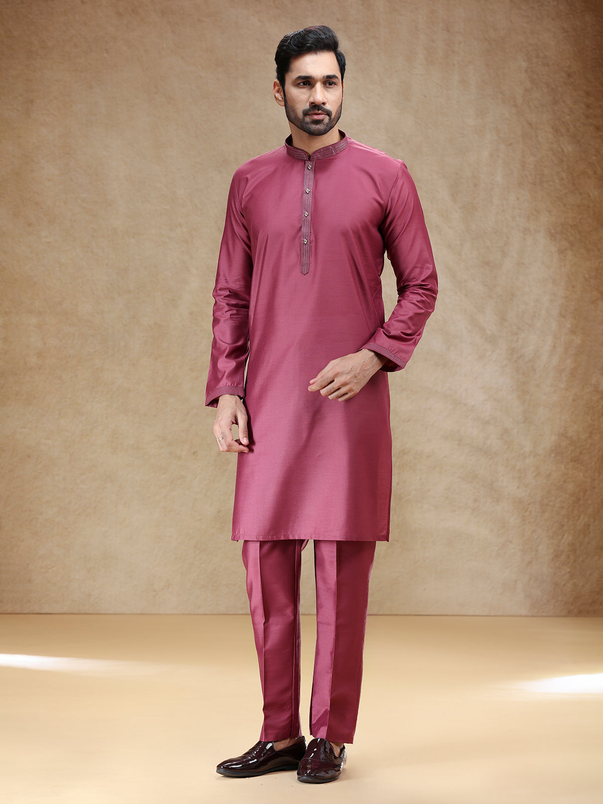 Wine men cotton silk kurta pajama
