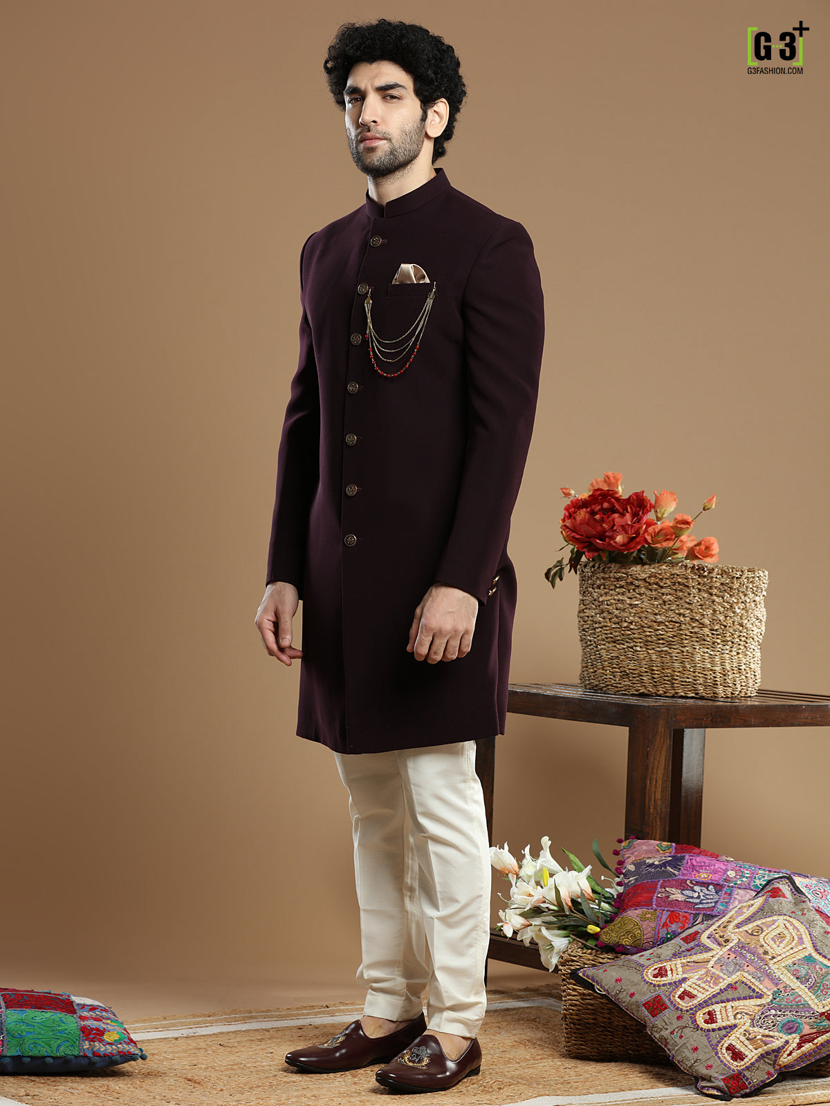 Wine hued terry rayon wedding wear indo western for men