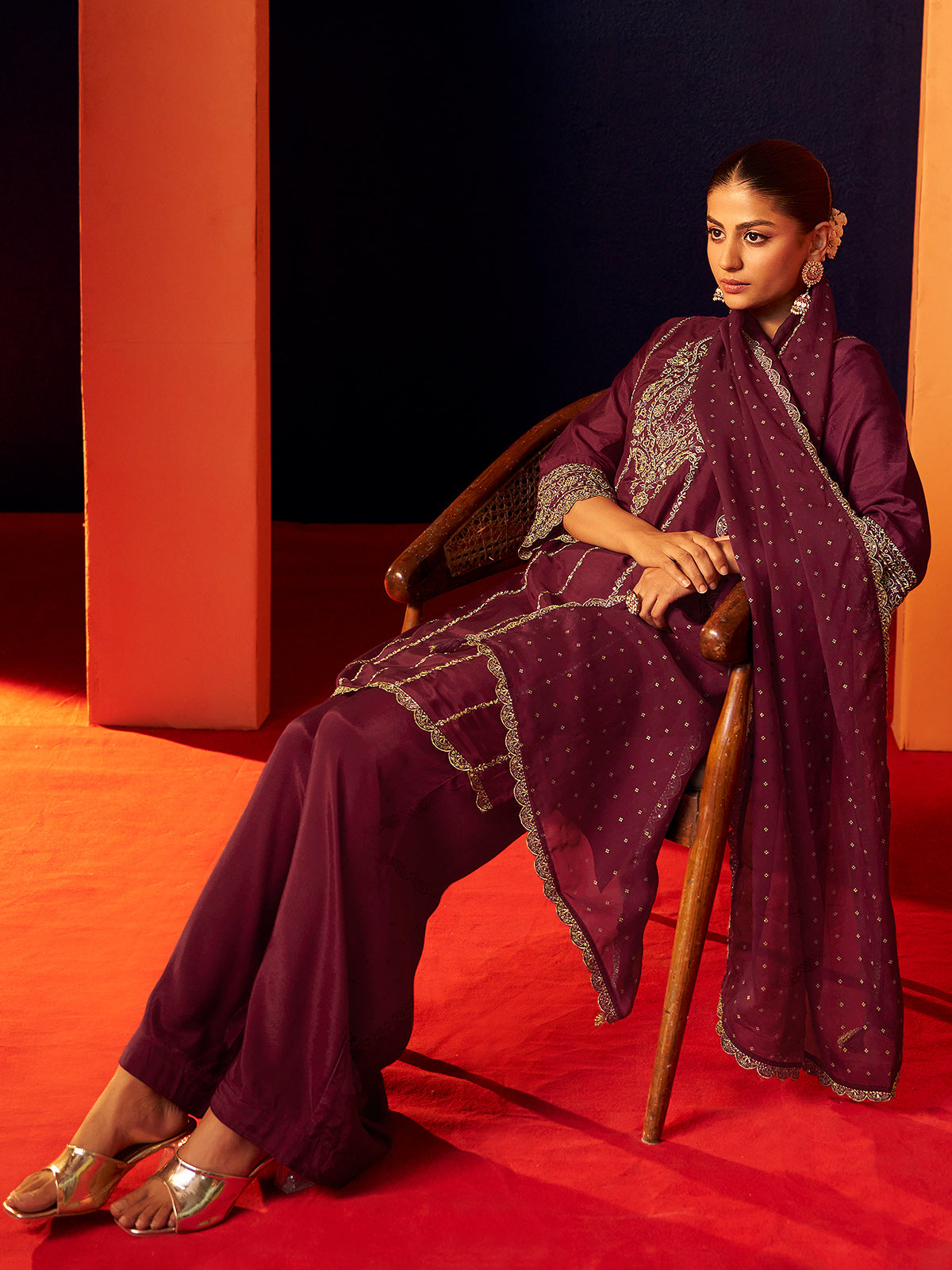 Wine silk pakistani style kurti palazzo kurti set