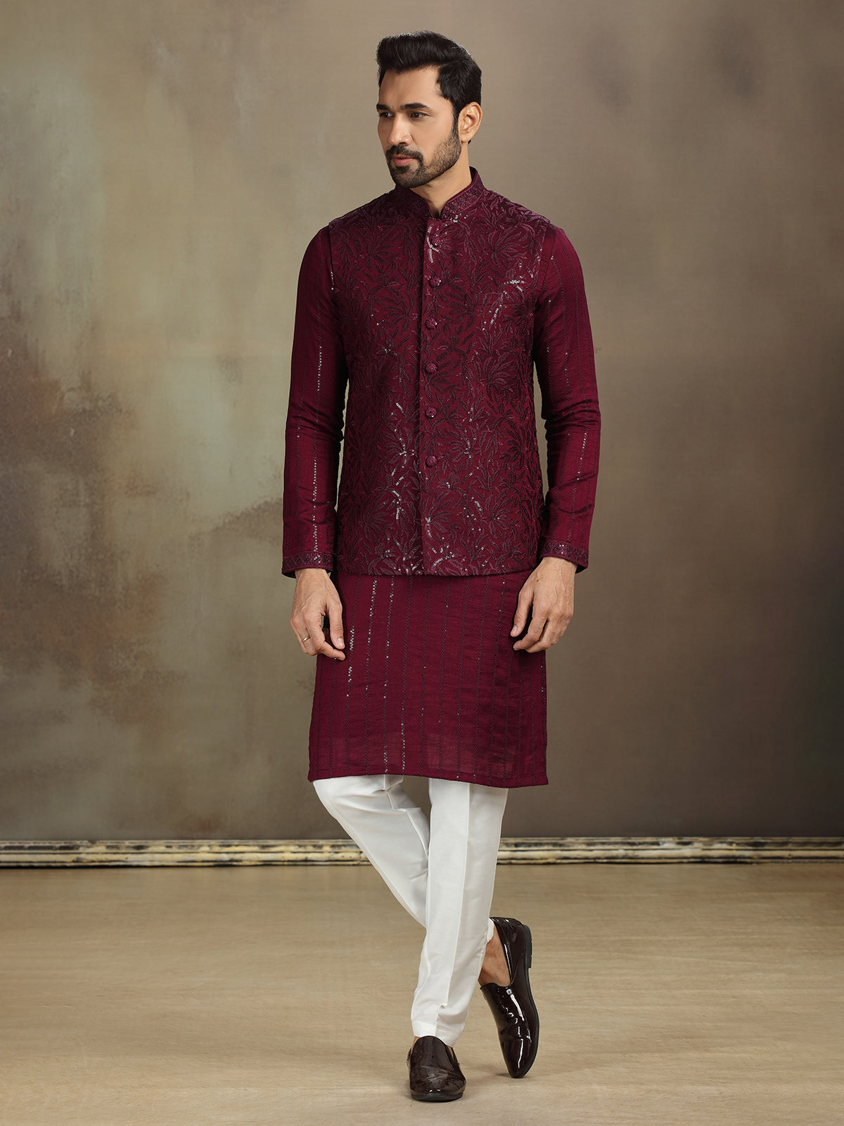 Wine silk sequin waistcoat set for men
