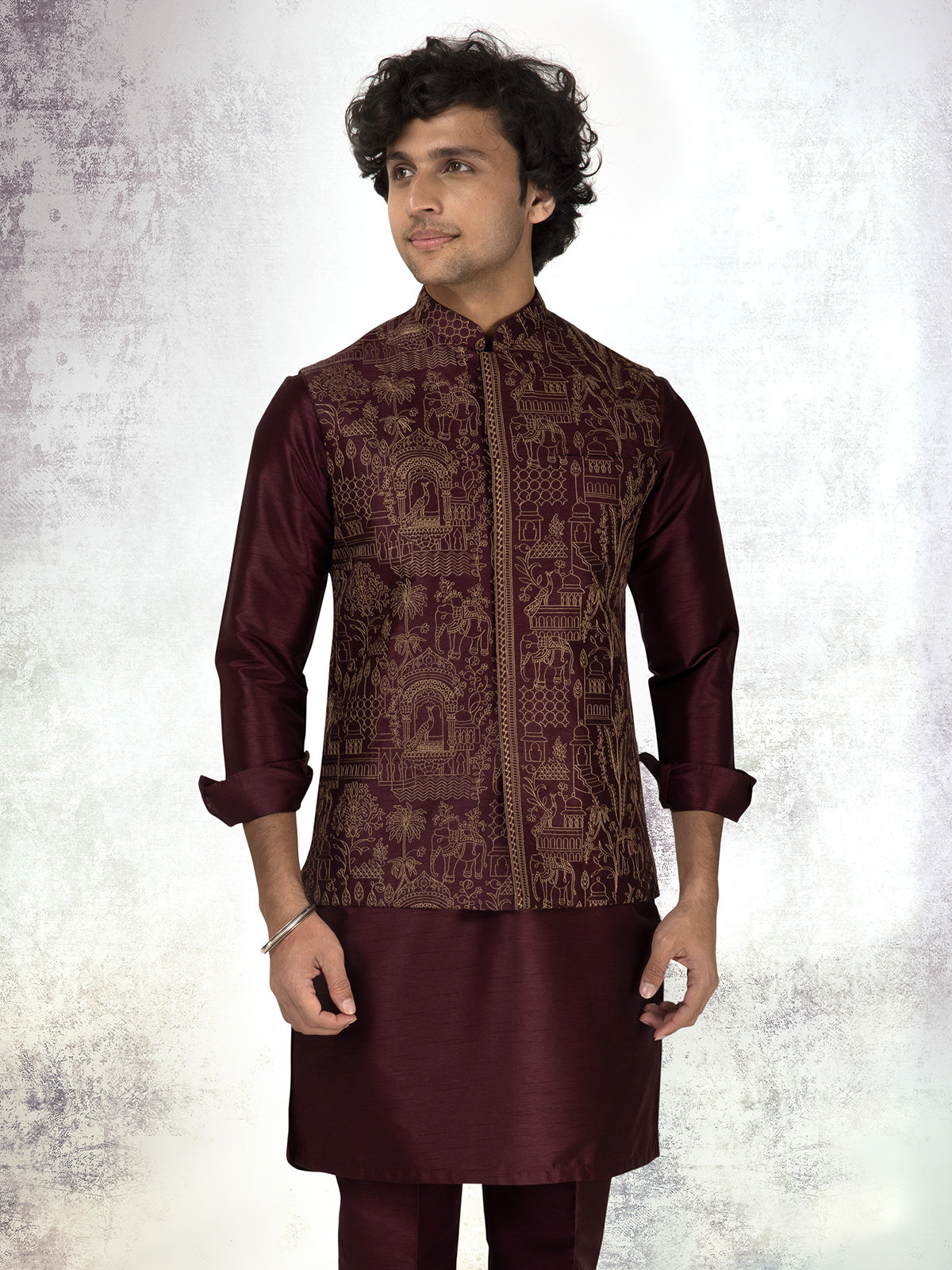 Wine silk waistcoat set with golden thread work