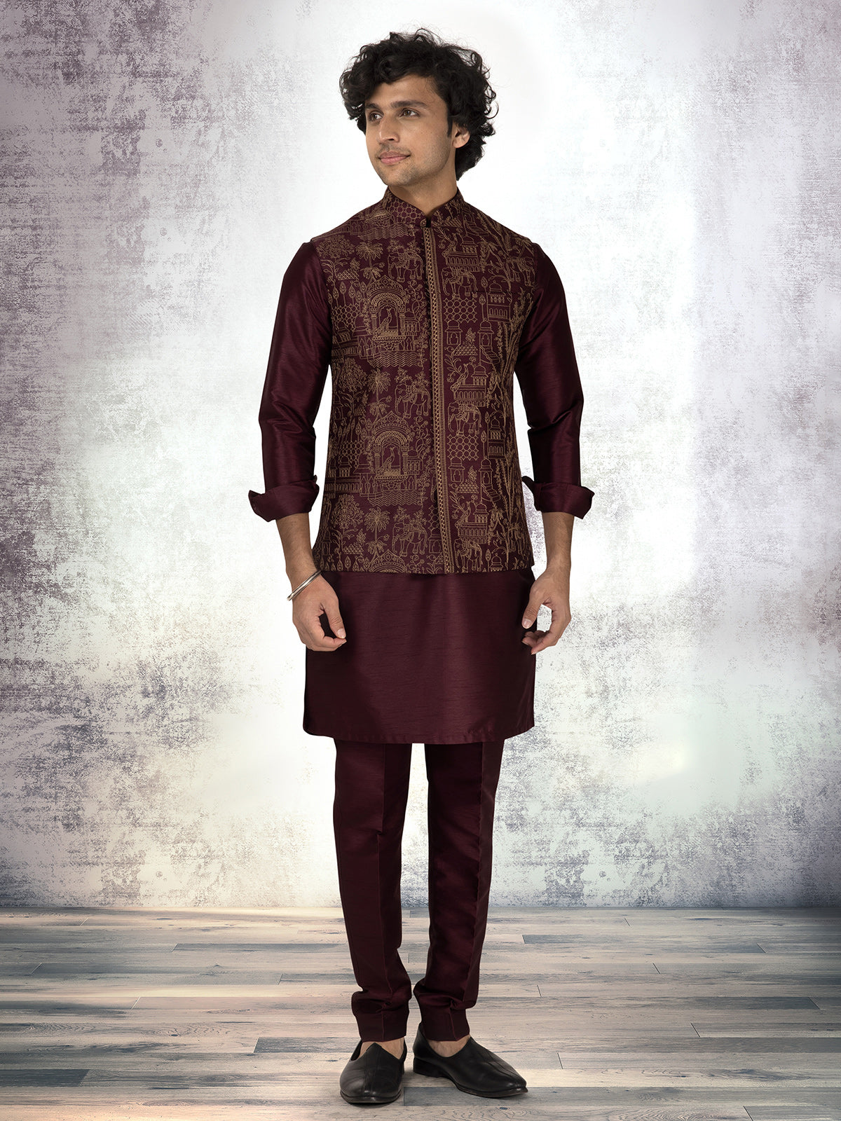 Wine silk waistcoat set with golden thread work