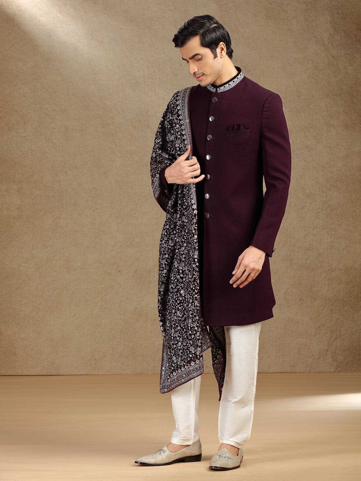 Wine terry rayon wedding wear indo western with dupatta