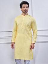 Yellow cotton embroidery kurta suit for men