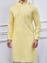Yellow cotton embroidery kurta suit for men