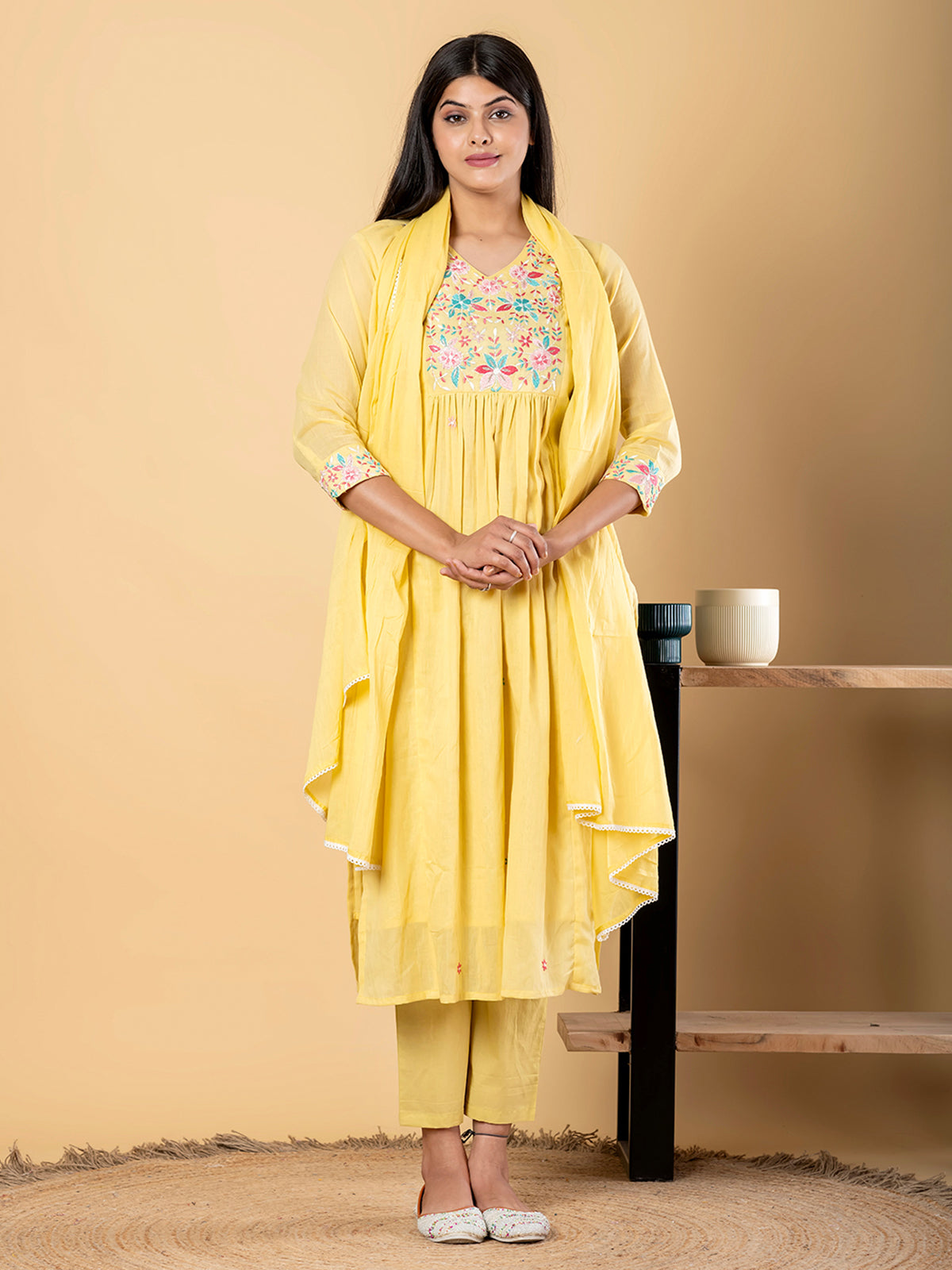 Yellow cotton yoke kurti set with dupatta