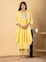 Yellow cotton yoke kurti set with dupatta