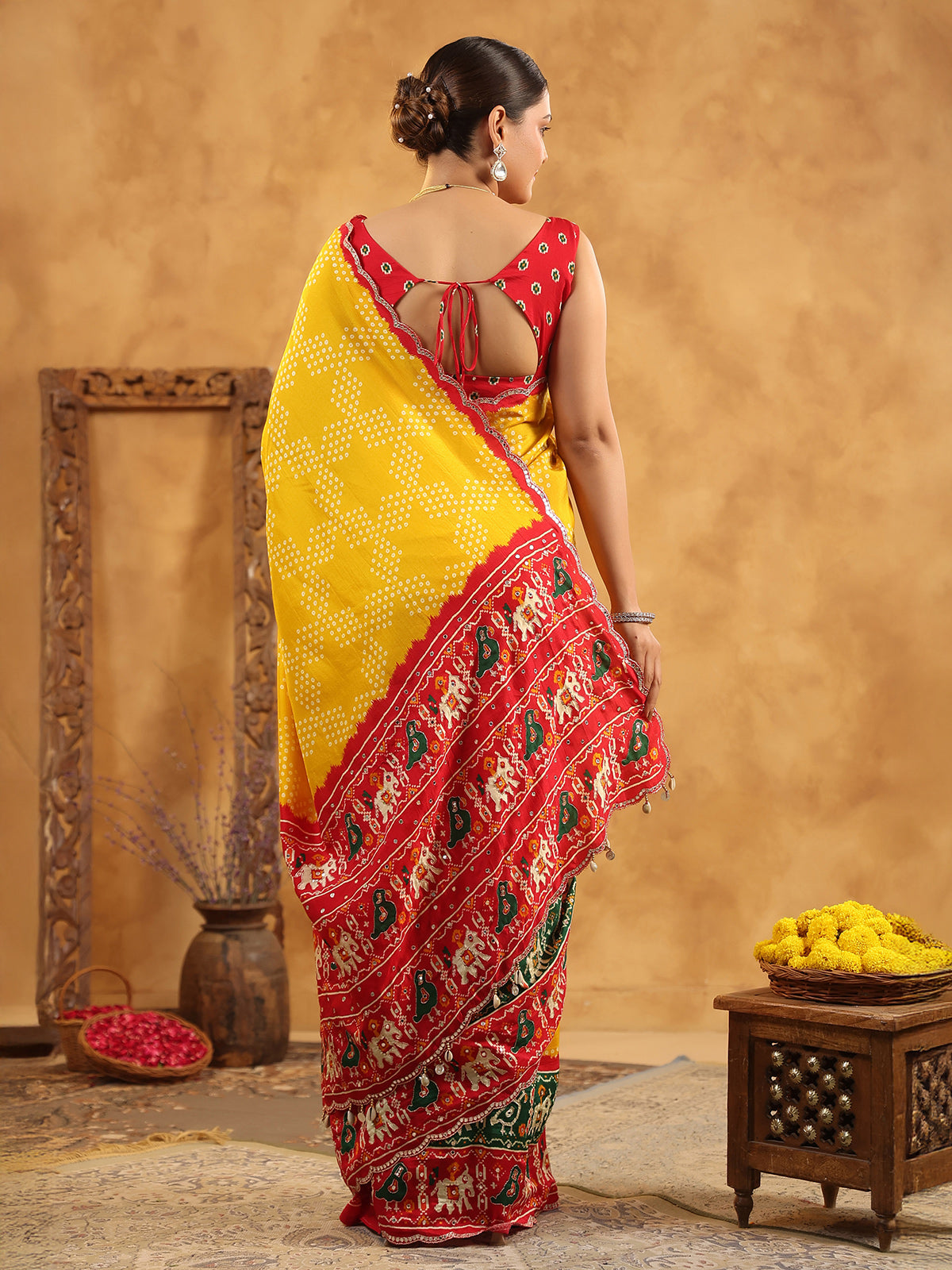 Yellow printed silk saree for festive gatherings