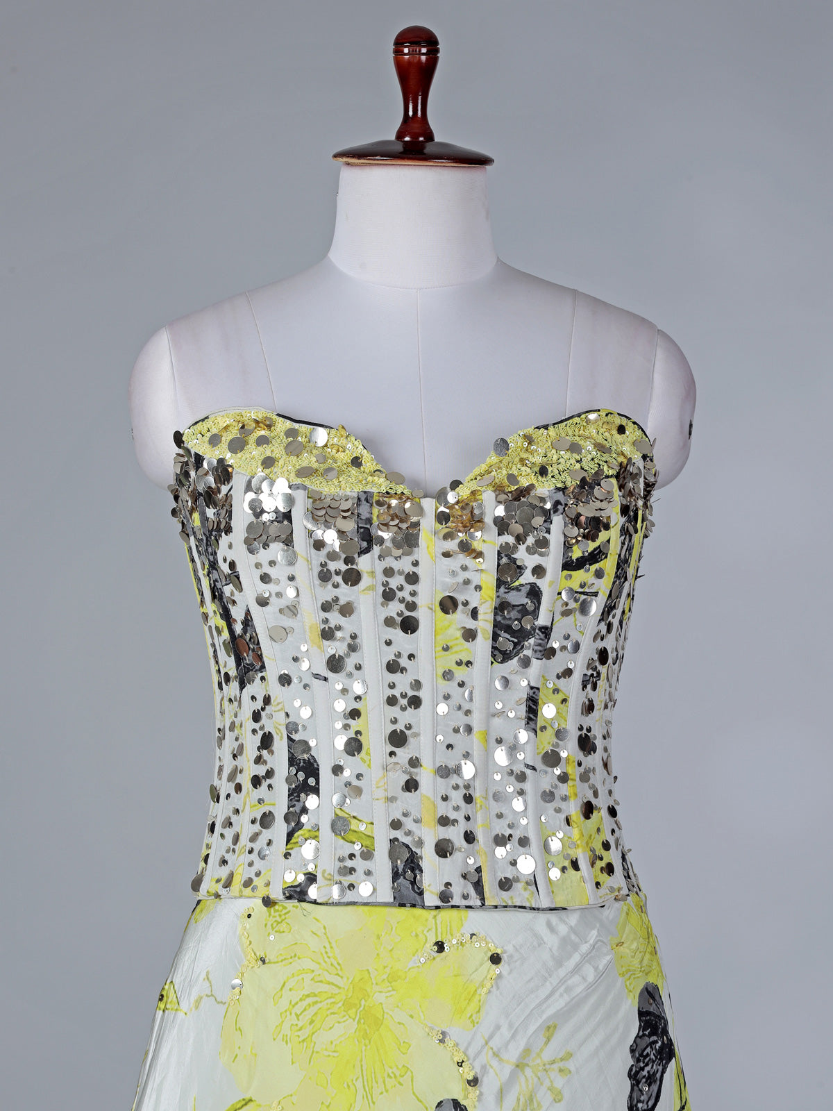 Yellow satin silk lehenga choli with floral print