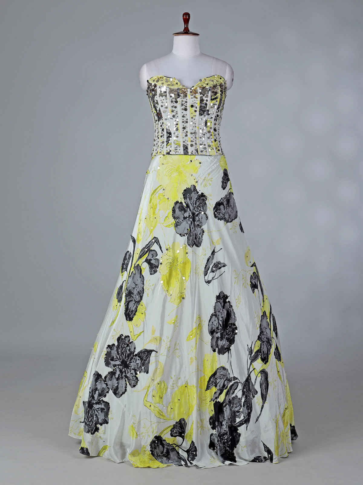 Yellow satin silk lehenga choli with floral print