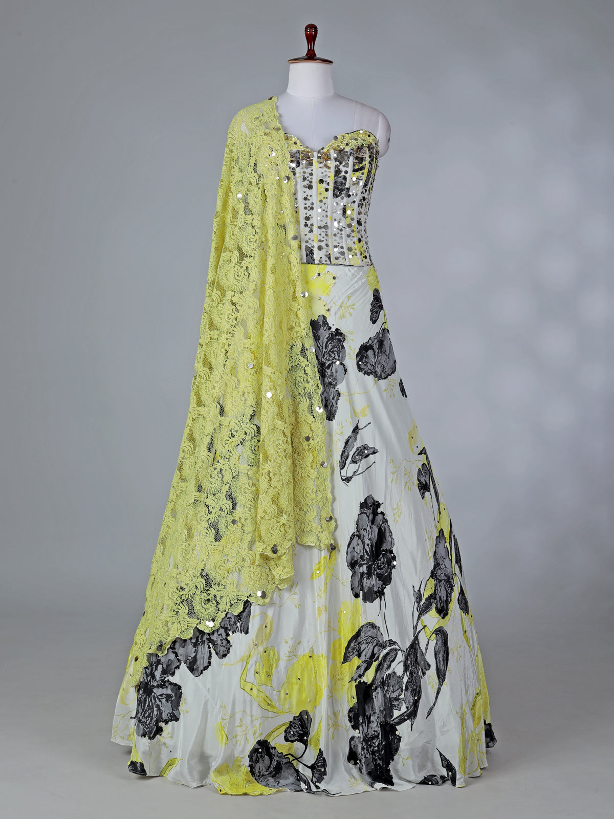 Yellow satin silk lehenga choli with floral print