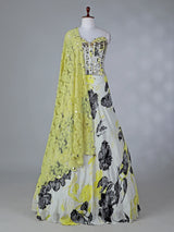Yellow satin silk lehenga choli with floral print