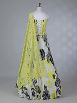 Yellow satin silk lehenga choli with floral print