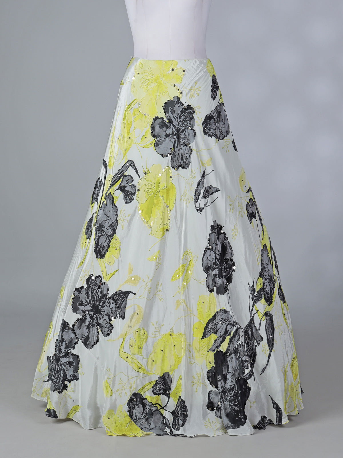 Yellow satin silk lehenga choli with floral print
