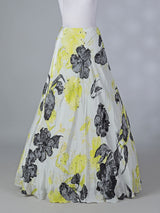 Yellow satin silk lehenga choli with floral print