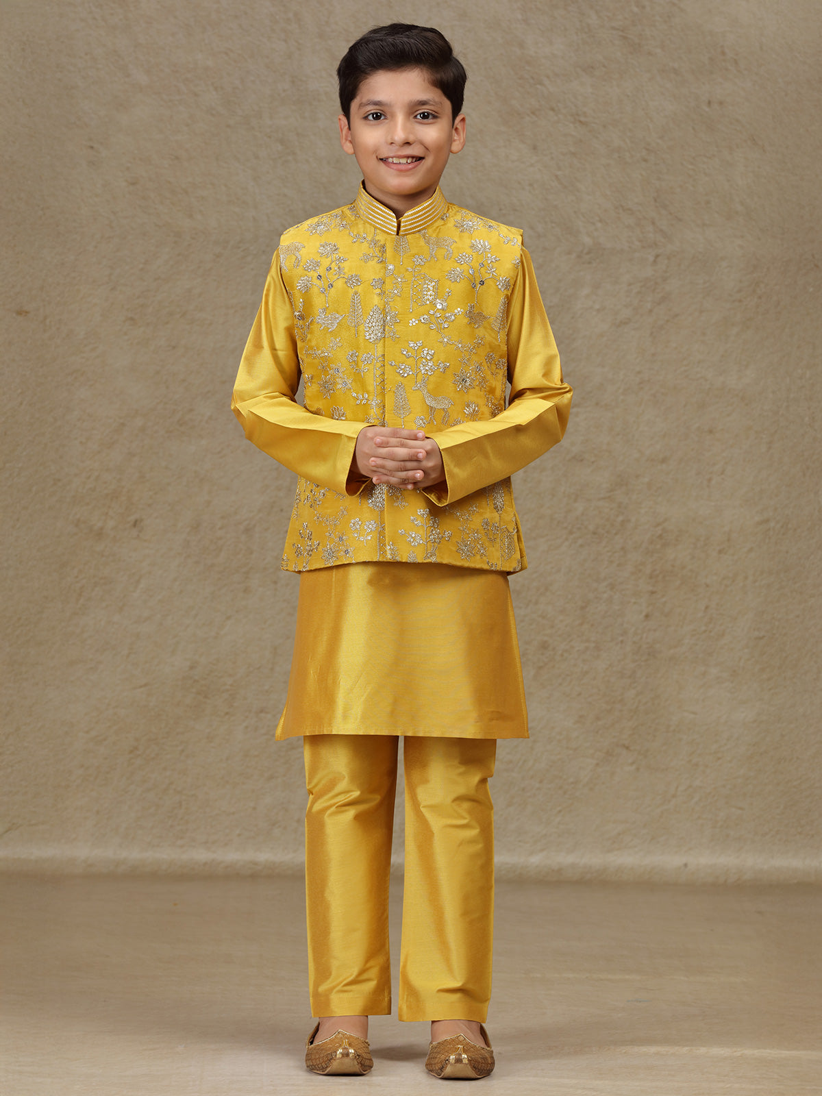 Yellow silk waistcoat set with resham work for boys