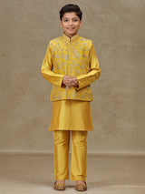 Yellow silk waistcoat set with resham work for boys