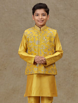Yellow silk waistcoat set with resham work for boys