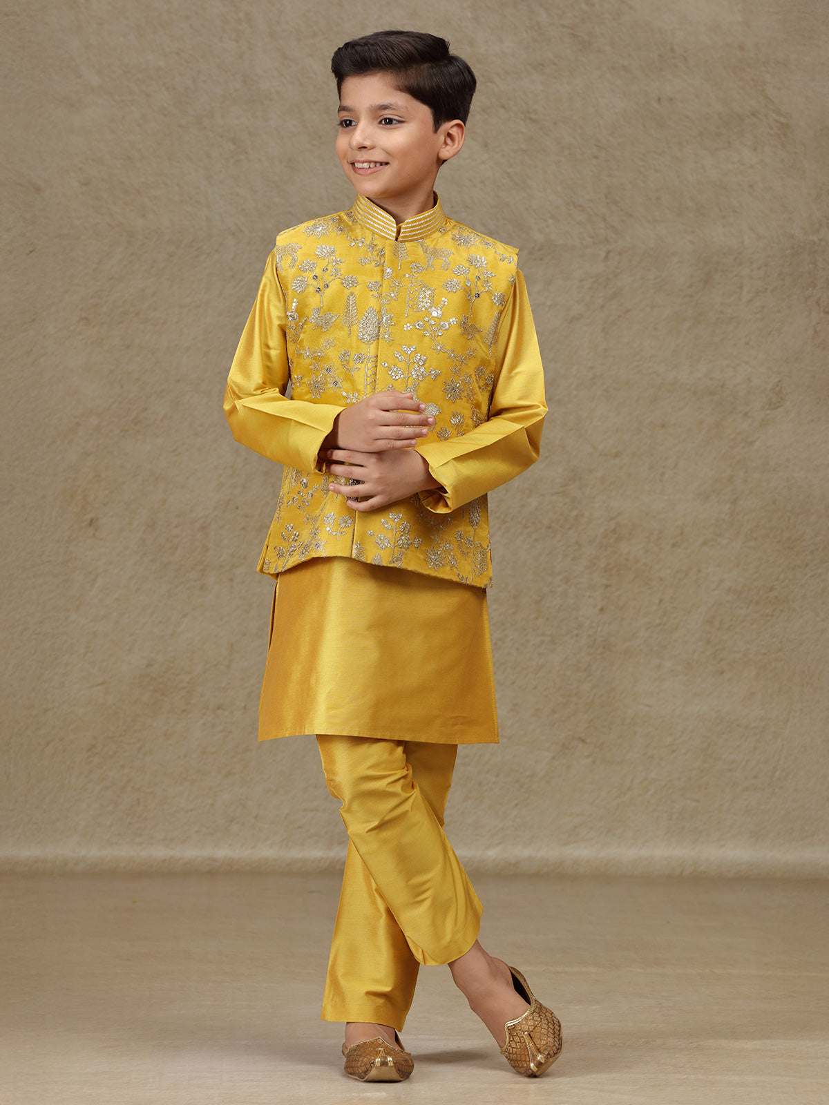 Yellow silk waistcoat set with resham work for boys