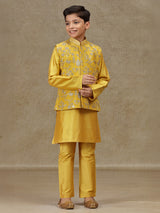 Yellow silk waistcoat set with resham work for boys