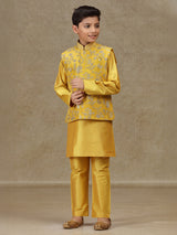 Yellow silk waistcoat set with resham work for boys