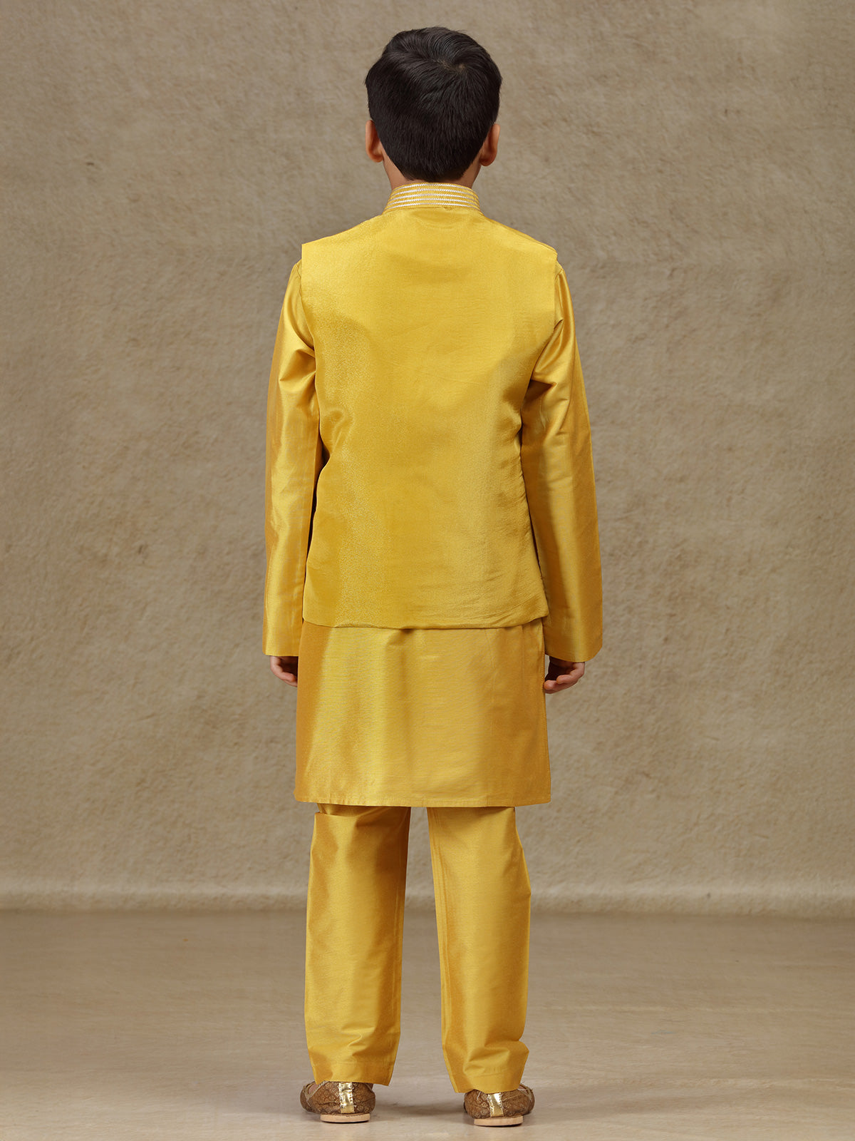 Yellow silk waistcoat set with resham work for boys