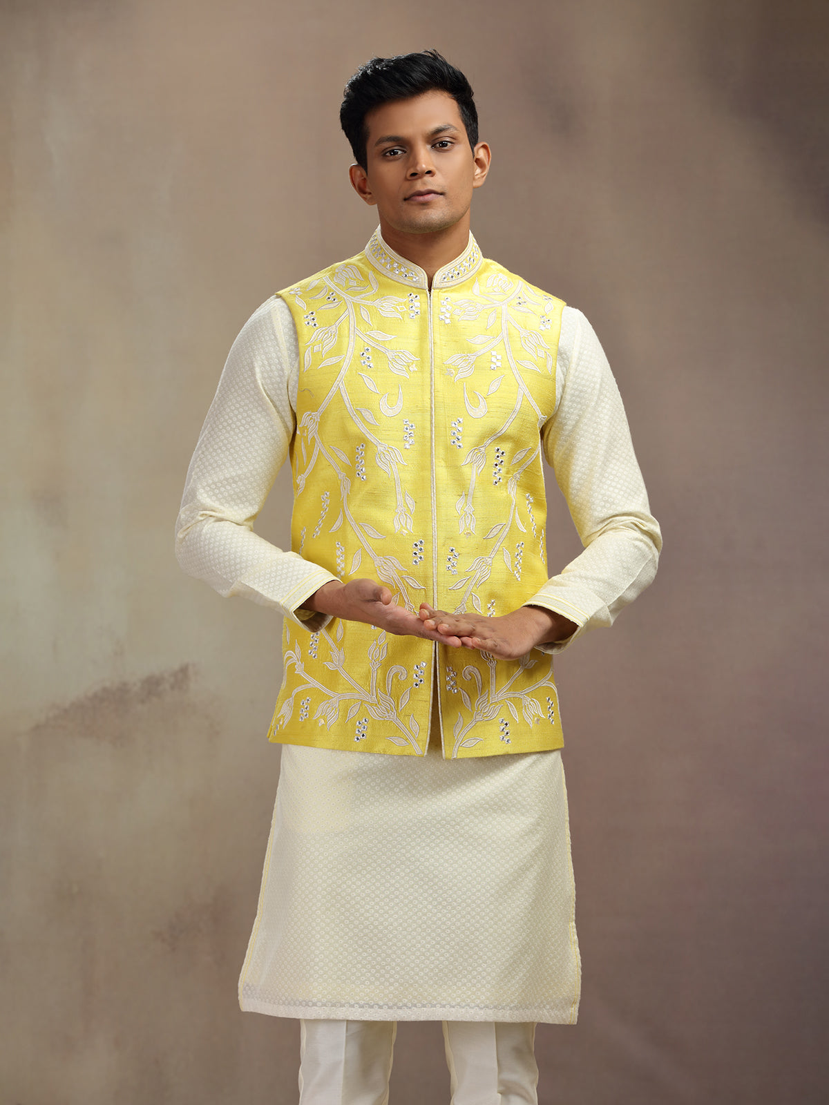 Yellow waistcoat set in banarasi silk