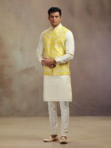 Yellow waistcoat set in banarasi silk