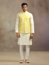 Yellow waistcoat set in banarasi silk