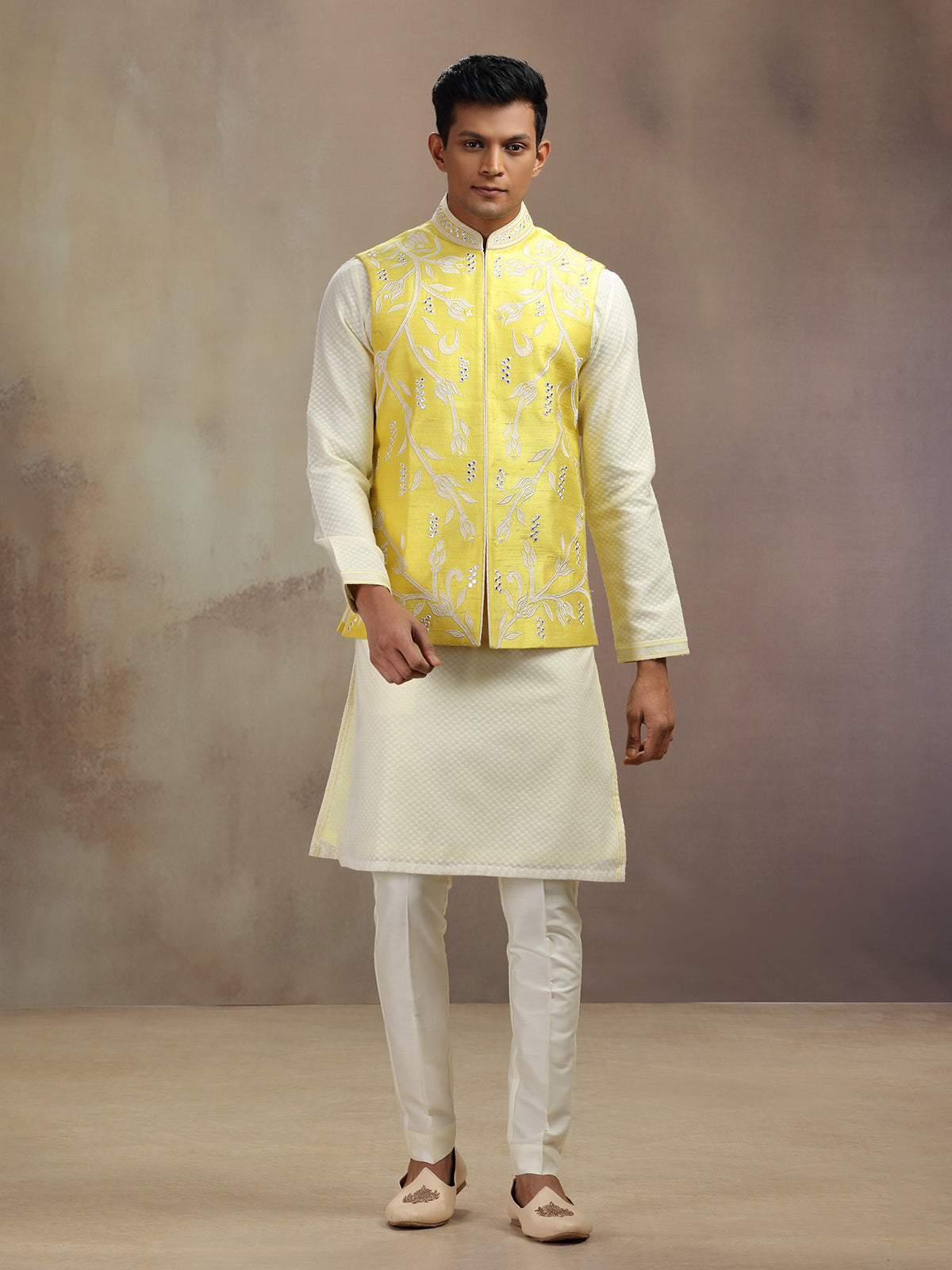 Yellow waistcoat set in banarasi silk