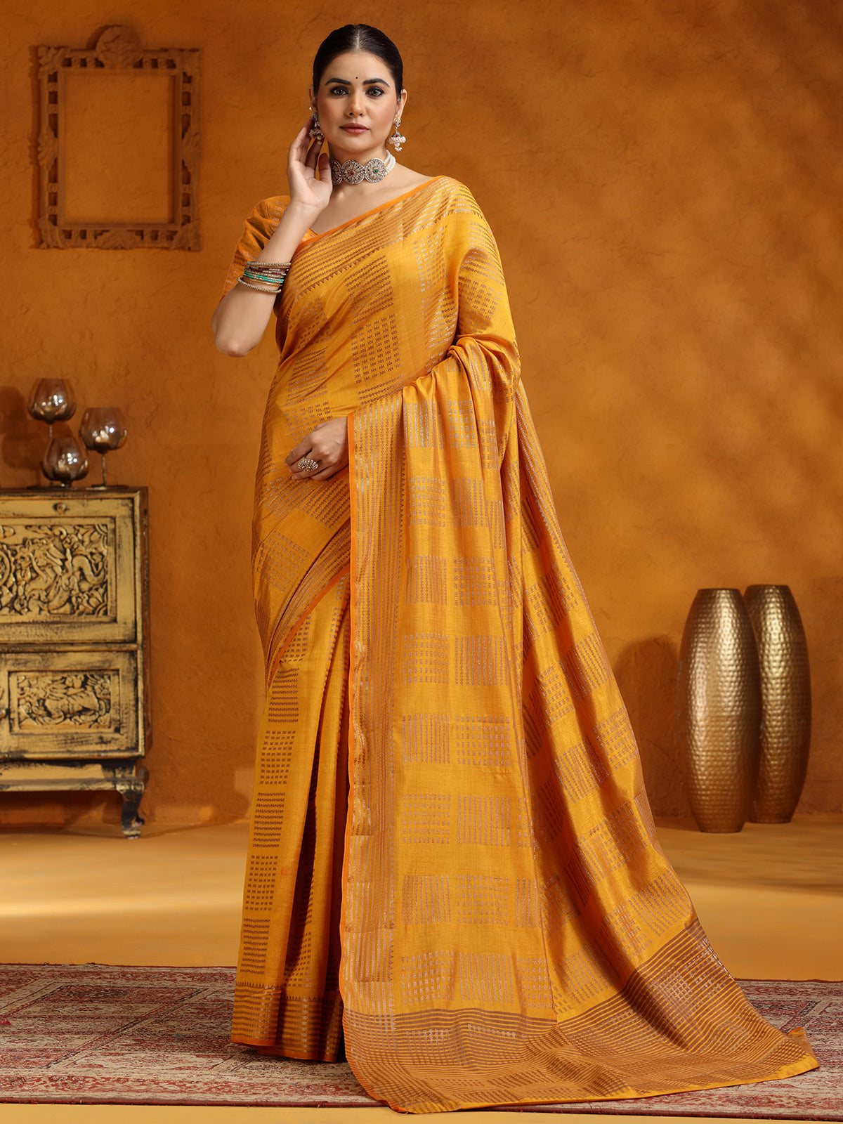 Yellow zari eorked silk saree